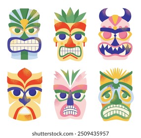 Conjunto de máscaras tiki. Cartoon cerimonial tiki totem máscaras, totens de madeira, máscara havaiana ornamental, escultura de máscara africana de fantasia. Ilustrações vetoriais Máscaras rituais étnicas tribais isoladas no fundo