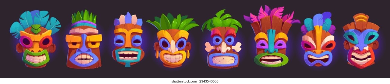 Set of tiki masks isolated on black background. Vector cartoon illustration of colorful tribal wooden totems, hawaiian style attribute, scary face with toothy mouth and big eyes, ancient culture items svg