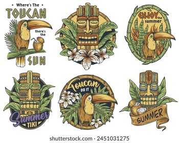 Set of tiki masks and toucans with summer themes for hawaiian-style prints and decor. Hawaii wooden tiki mask collection. Traditional ethnic idol of maori or polynesian. Old tribal totem for tiki bar.
