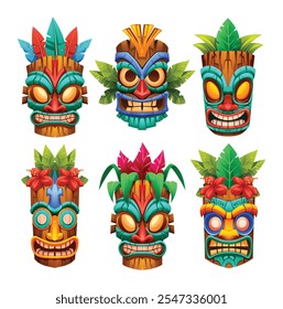 Conjunto de máscaras tiki com desenhos tribais únicos, padrões coloridos e detalhes. Ilustração de desenho animado vetorial