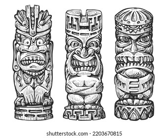 Set of tiki wooden idol masks. Design element for logo, label, sign or poster. Vector illustration