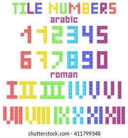 Set of tile arabic and roman numerals from colored mosaic pieces. Colorful block numbers in flat style. Vector illustration