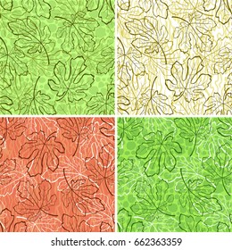 Set Tile Backgrounds, Fig Tree Colorful Leaves Contours and Abstract Seamless Pattern. Vector