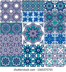 Set  tile, blue and white azulejo, original traditional Portuguese and Spain decor. Seamless patchwork tile with Victorian motives. 