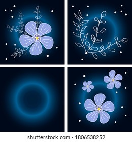 Set of tile design of doodle flowers and blue gradient ring. Vector illustartion of blue flowers for sticker, wallpaper, print, cover, backdrop, surface, banner, package, icon design