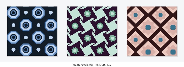 Conjunto de padrões contínuos de geometria de ladrilho. Chic mão desenhada vetor moderno padrão ideias para decoração de casa, têxtil, papel de parede, envoltório, modelo, folheto, banner, cartaz, cartão postal.