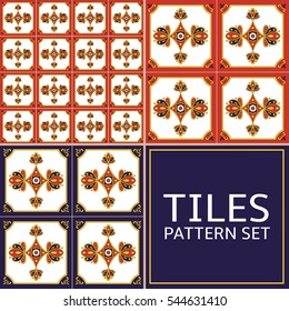 Set of tile pattern seamless vector blue, red, yellow and white color. Azulejo portuguese tiles, spanish, moroccan, mexican talavera, italian majolica or arabic motifs.