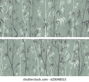 Set of tileable by horizontal wide banners with many bamboos tree in green tone.