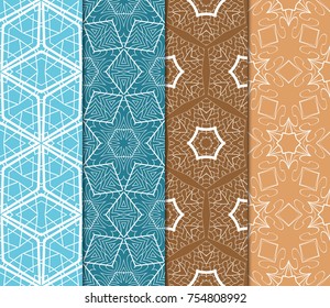Set of Tiled seamless geometric pattern of line art flowers. Floral motif. Vector illustration.