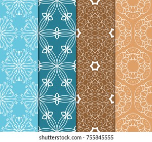 Set of Tiled seamless geometric pattern of line art flowers. Floral motif. Vector illustration.