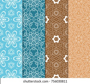Set of Tiled seamless geometric pattern of line art flowers. Floral motif. Vector illustration.