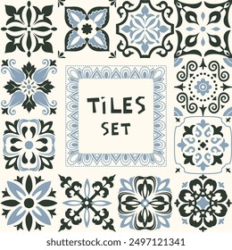 Set of tiles Azulejos in black, blue, white. Original traditional Portuguese and Spain decor. Seamless patchwork tile with Victorian motives. Ceramic tile in talavera style. Gaudi mosaic. Vector