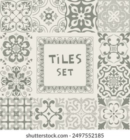 Set of tiles Azulejos in gray. Original traditional Portuguese and Spain decor. Seamless patchwork tile with Victorian motives. Ceramic tile in talavera style. Gaudi mosaic. Vector
