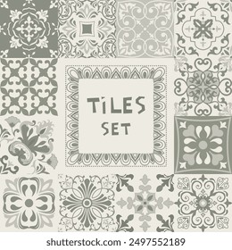 Set of tiles Azulejos in gray. Original traditional Portuguese and Spain decor. Seamless patchwork tile with Victorian motives. Ceramic tile in talavera style. Gaudi mosaic. Vector