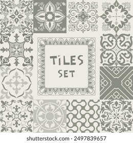 Set of tiles Azulejos in gray. Original traditional Portuguese and Spain decor. Seamless patchwork tile with Victorian motives. Ceramic tile in talavera style. Gaudi mosaic. Vector
