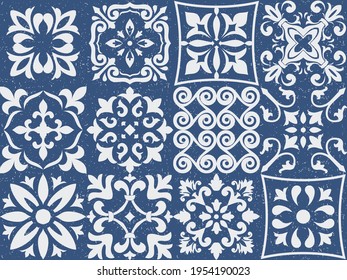 Set of tiles Azulejos on blue shabby background. Original traditional Portuguese, Spain decor. Seamless patchwork tile with Victorian motives. Ceramic tile in talavera style. Gaudi mosaic. Vector