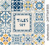 Set of tiles Azulejos. Original traditional Portuguese and Spain decor. Seamless patchwork tile with Victorian motives. Ceramic tile in talavera style. Gaudi mosaic. Vector