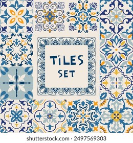 Set of tiles Azulejos. Original traditional Portuguese and Spain decor. Seamless patchwork tile with Victorian motives. Ceramic tile in talavera style. Gaudi mosaic. Vector