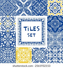 Set of tiles Azulejos. Original traditional Portuguese and Spain decor. Seamless patchwork tile with Victorian motives. Ceramic tile in talavera style. Gaudi mosaic. Vecto
