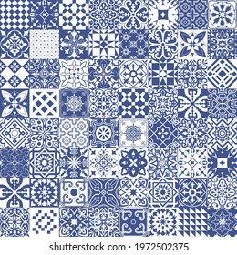 Set of tiles background in portuguese style. Blue and white mosaic pattern for ceramic in dutch, portuguese, spanish, italian style.