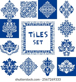 Set of tiles from damask pattern. Azulejos. Original traditional Portuguese and Spain decor. Seamless patchwork tile with Victorian motives. Ceramic tile in talavera style. Gaudi mosaic. Vector