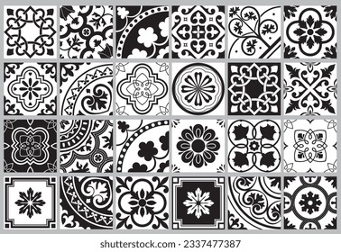 Set of tiles and floors. Patchwork for wallpaper. Traditional Portuguese mosaic design. Spanish majolica tile pattern. Vector illustration. Geoetric florals