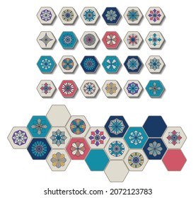 A set of tiles in the form of hexagons with different geometric patterns in a retro style. Bathroom or kitchen tiles 