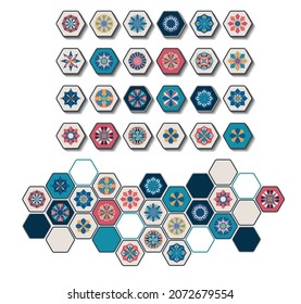 A set of tiles in the form of hexagons with different geometric patterns in a retro style. Bathroom or kitchen tiles 
