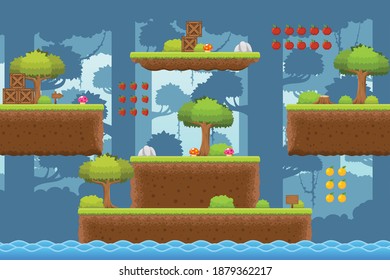 FliesenSet mit Gras-Theme für das Erstellen von Seitenrollplatformer-Videospiel mit Dschungel- oder Waldthema