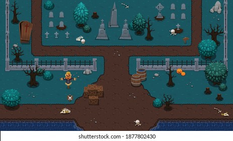 Set of tiles and objects with graveyard theme to create top down video games with zombie or horror theme