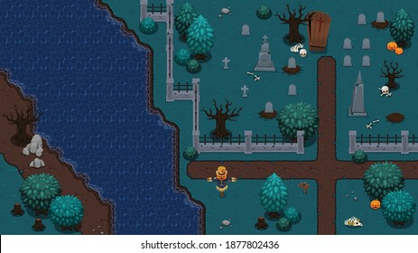 Set of tiles and objects with graveyard theme to create top down video games with zombie or horror theme