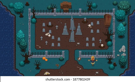 Set of tiles and objects with graveyard theme to create top down video games with zombie or horror theme