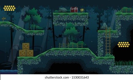 Set of tiles, objects, and props for creating platformer video games with bamboo forest at night or ninja adventure theme