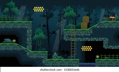 Set of tiles, objects, and props for creating platformer video games with bamboo forest at night or ninja adventure theme