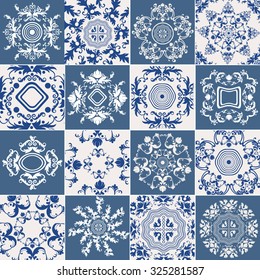 Set tiles with ornament Baroque style on a blue, white background. The circular mandala for wallpaper, background web page design printing. Vector illustration