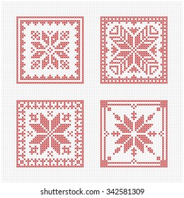 Set of tiles, Scandinavian cross stitch pattern. Traditional biscornu design - geometric redwork ornament for embroidery.  Perfect for Christmas design. Cross-stitch border, frame. Vector illustration