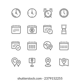 Set of time and address related icons, contact, date, countdown, schedule business and linear variety vectors.