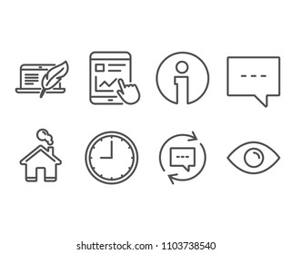 Set of Time, Blog and Update comments icons. Internet report, Copyright laptop and Eye signs. Office clock, Chat message, Chat speech bubble. Web tutorial, Writer device, View or vision. Vector