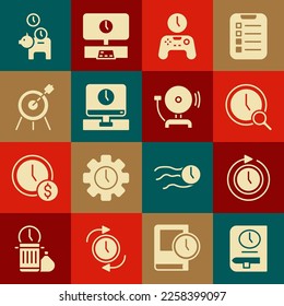 Ajuste Tiempo para libro, Reloj con flecha, Reloj de cristal de aumento, Gamepad de tiempo, Monitor, Deportes de destino, Moneda de banco de cerdos y Icono de timbre de alarma de sondeo. Vector