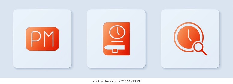 Ajuste la hora del libro, la hora del día y la lupa con el reloj. Botón cuadrado blanco. Vector