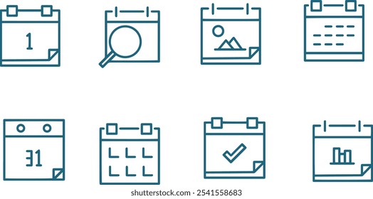 set of time and calendar icon vector line design 