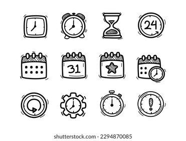 Set of time and calendar icons in cute doodle style isolated on white background