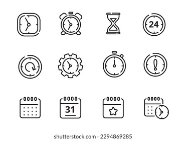 Set of time and calendar icons in line style isolated on white background