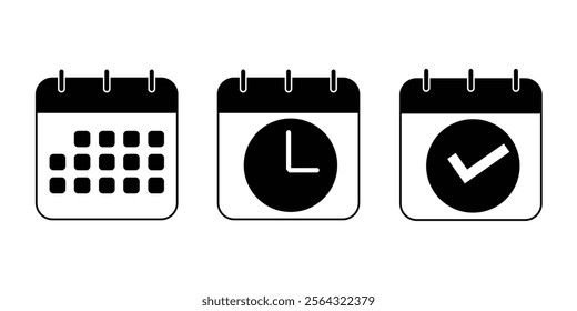 Set of Time, Check mark and Calendar icon symbol. EPS Vector illustration isolated on white background