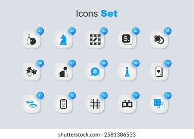 Set Time chess clock, Chip for board game, Chess, Checker chips, Game dice, Playing cards, Bowling pin and ball and  icon. Vector