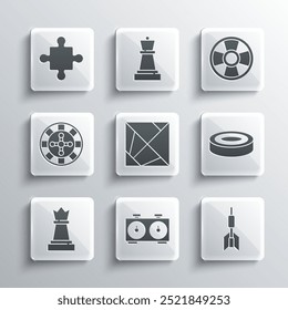 Set Time chess clock, Dart arrow, Checker game chips, Rubik cube, Chess, Casino roulette wheel, Puzzle pieces toy and  icon. Vector