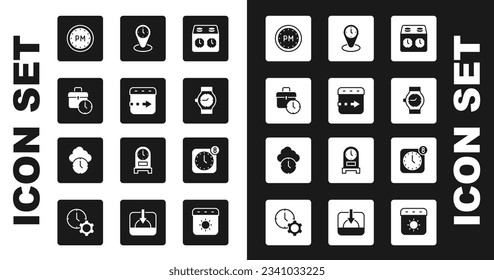 Establece el reloj de ajedrez Time, vuela en el, tiempo de trabajo, día, reloj de pulsera, relojes de zona, aplicación de alarma móvil e icono Reloj. Vector