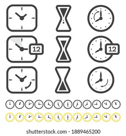 Set of Time and Clock Icon Isolated on White. Vector Illustration. Outline Objects.