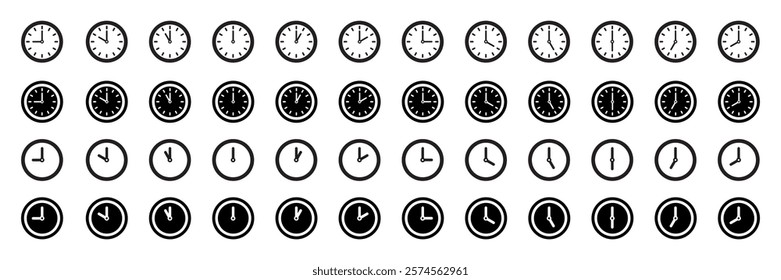 Set of time and clock icons. Analog clock, notifying each hour. Business watch. Speed time icon. Vector.