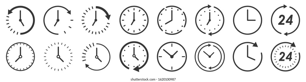 Set of Time and Clock icons in thin line style. Outline time icons isolated. Linear Clock icons. Vector illustration.